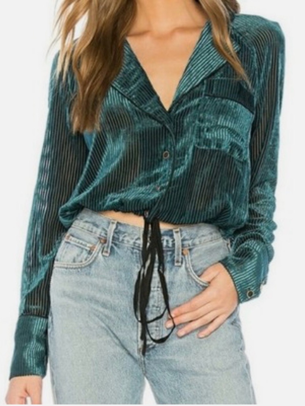 Free People Aspen Nights Velvet Ribbed Teal Button-Front Top